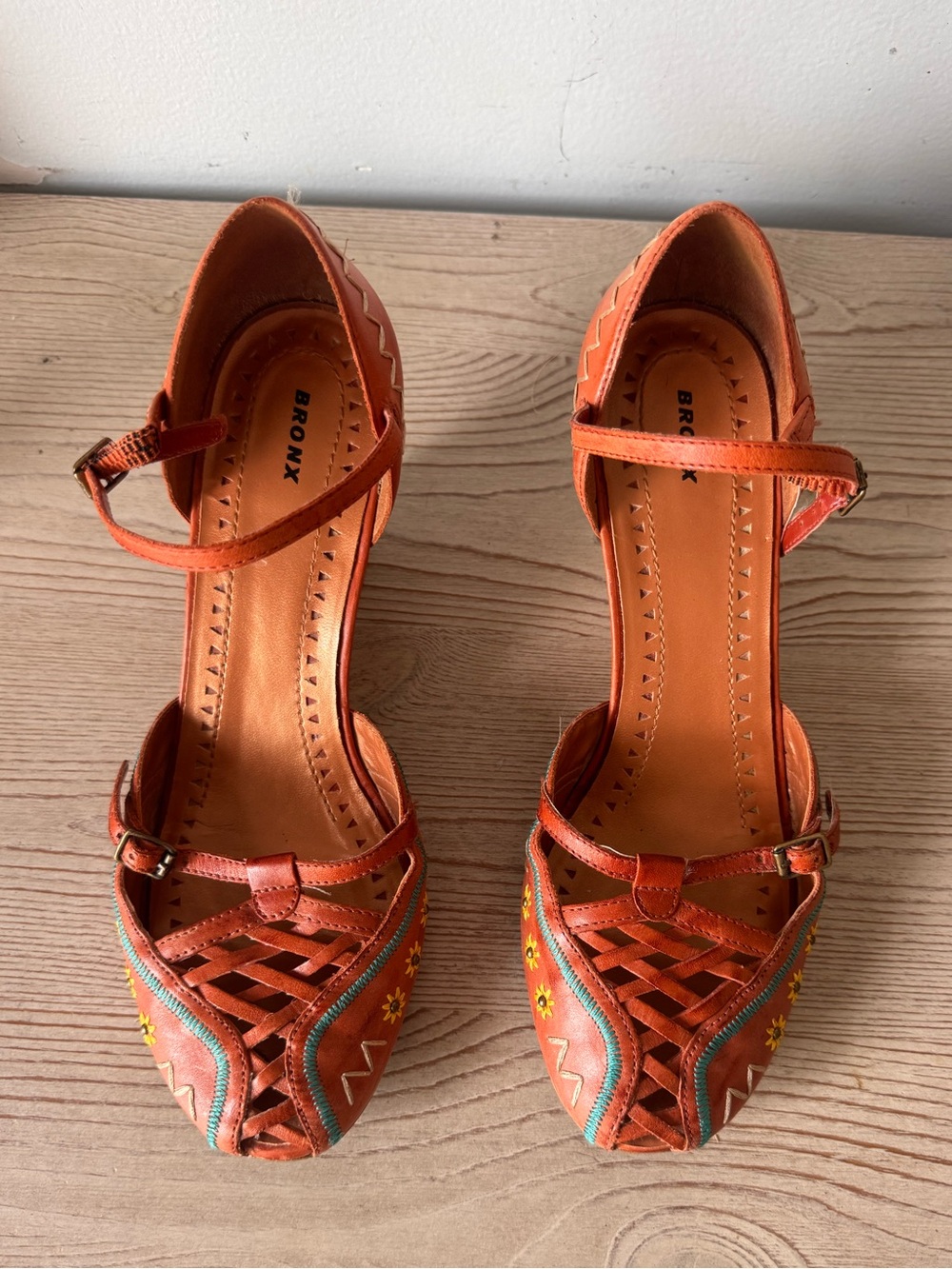 Vintage Bronx Orange Woven Mary Jane Heels with Embroidered Accents